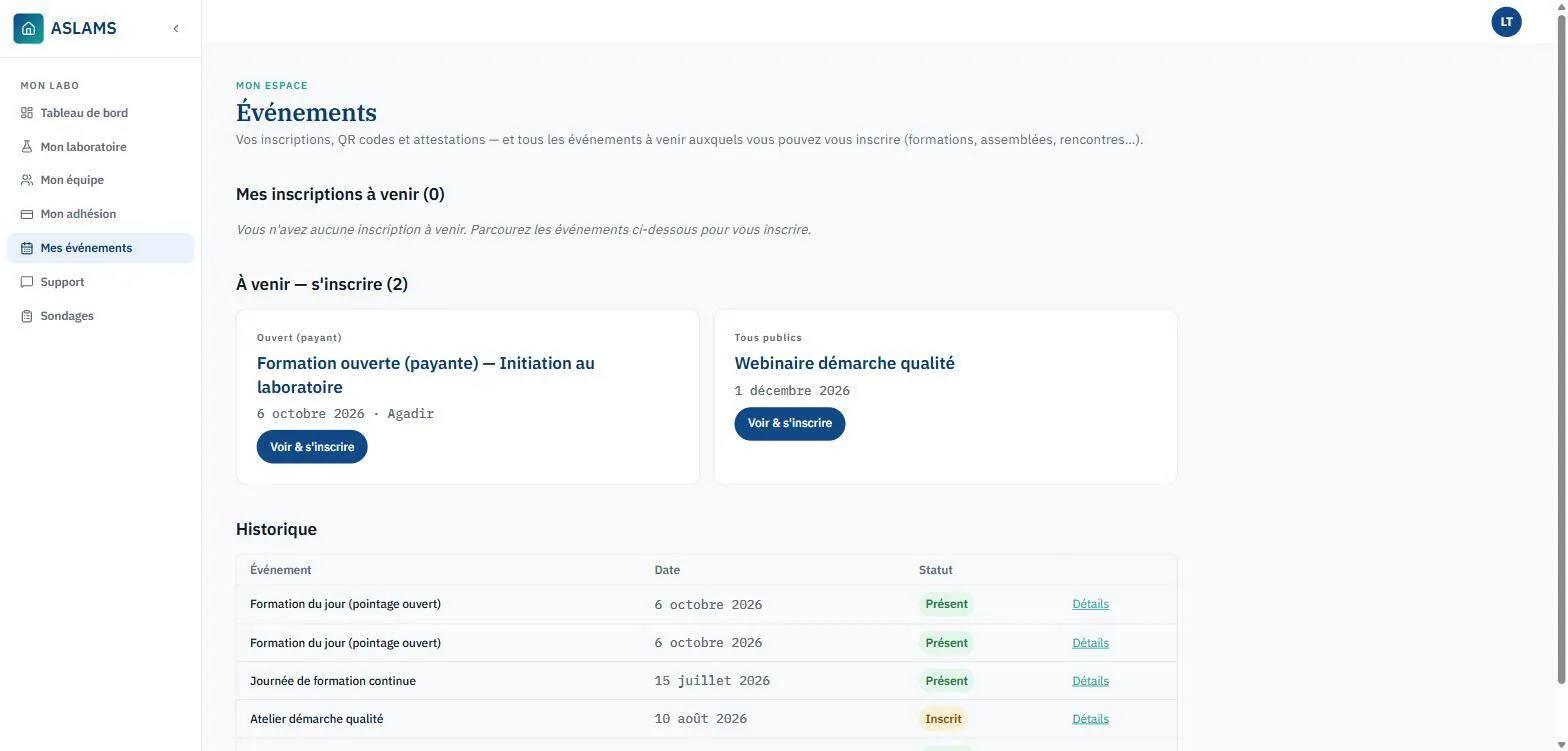 Espace membre : inscriptions et historique de présence