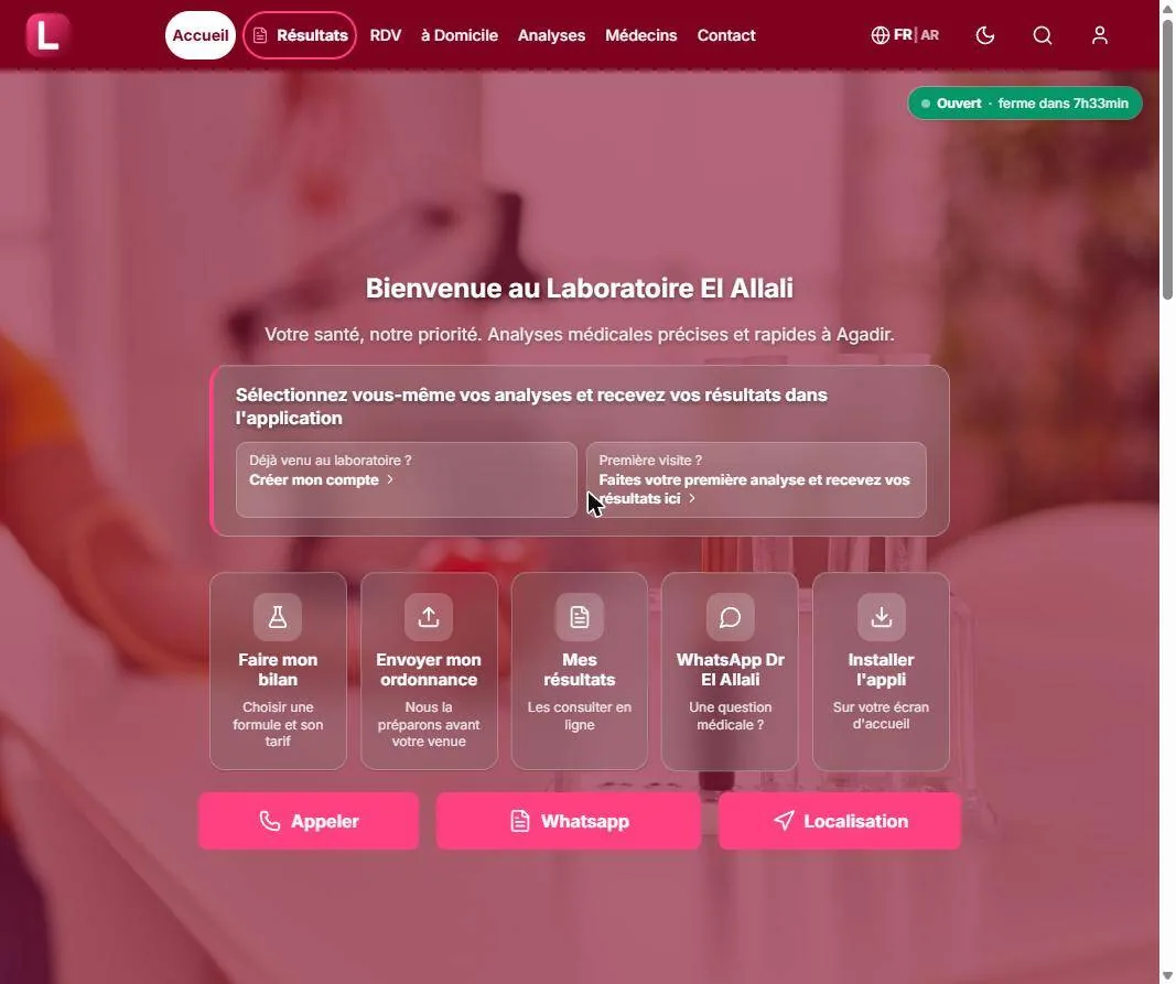 Accueil de la plateforme patient du Laboratoire El Allali